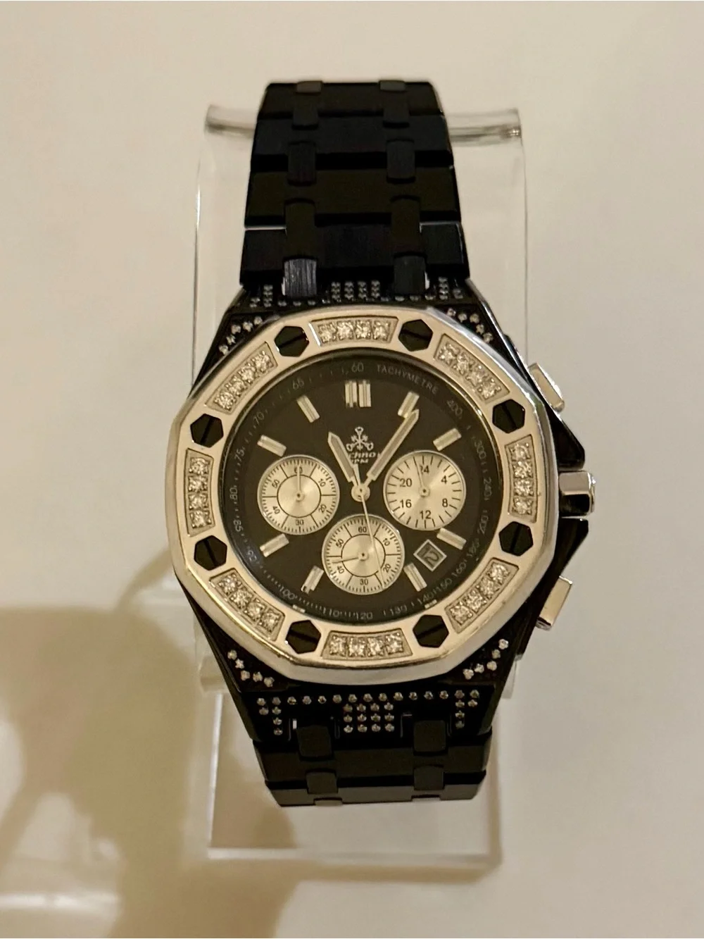 Men’s Black and Silver Techno JPM 2.5ct Genuine Diamond Bezel Watch